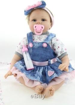 22inch Baby-reborn Girl Doll handmade Soft Silicone vinyl fashion Denim skirt