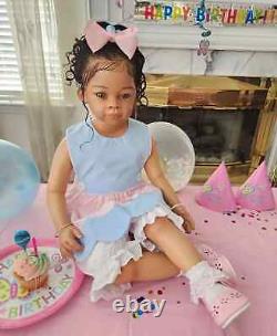 30in Already Finished Dark Skin Reborn Baby Doll Rooted Curly Hair Toddler Girl