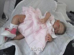 A beautiful Reborn baby girl in a lovely white and pink dress and pink matching