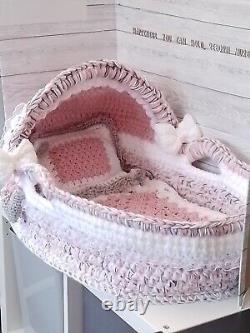 Reborn Baby Doll Ooak Twin Moses Basket with Pillow and blanket Hearts & Bows