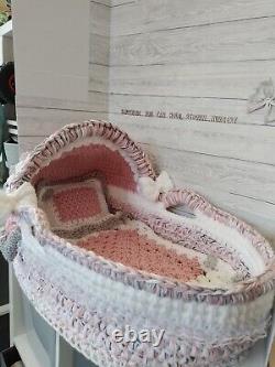 Reborn Baby Doll Ooak Twin Moses Basket with Pillow and blanket Hearts & Bows