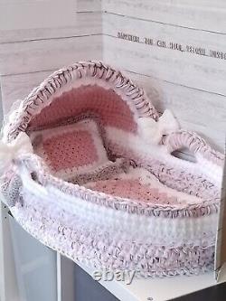 Reborn Baby Doll Ooak Twin Moses Basket with Pillow and blanket Hearts & Bows