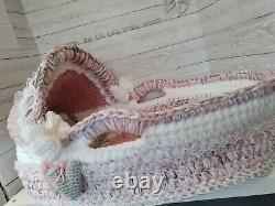 Reborn Baby Doll Ooak Twin Moses Basket with Pillow and blanket Hearts & Bows