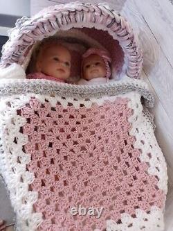 Reborn Baby Doll Ooak Twin Moses Basket with Pillow and blanket Hearts & Bows