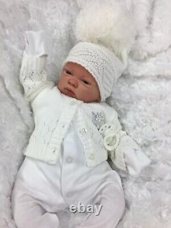 Reborn Girl/boy White Outfit Bobble Hat Cardigan Bg & Dummy C