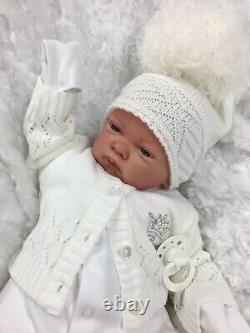 Reborn Girl/boy White Outfit Bobble Hat Cardigan Bg & Dummy C