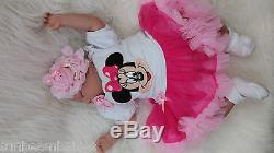 Sunbeambabies Pink Minnie Mouse Tutu Childs Reborn Girl Bald Doll & Baby Bottle