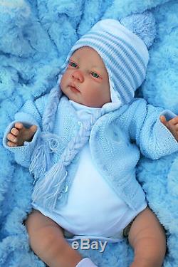 Stunning Reborn Baby Boy Doll Awake Stripe Pom Pom Outfit Celia C127