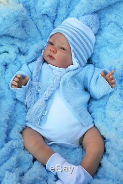 Stunning Reborn Baby Boy Doll Awake Stripe Pom Pom Outfit Celia C127